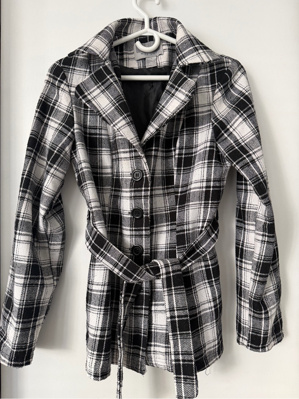 Miss Lili Black White Plaid Wool Blend Belted Coat Size M